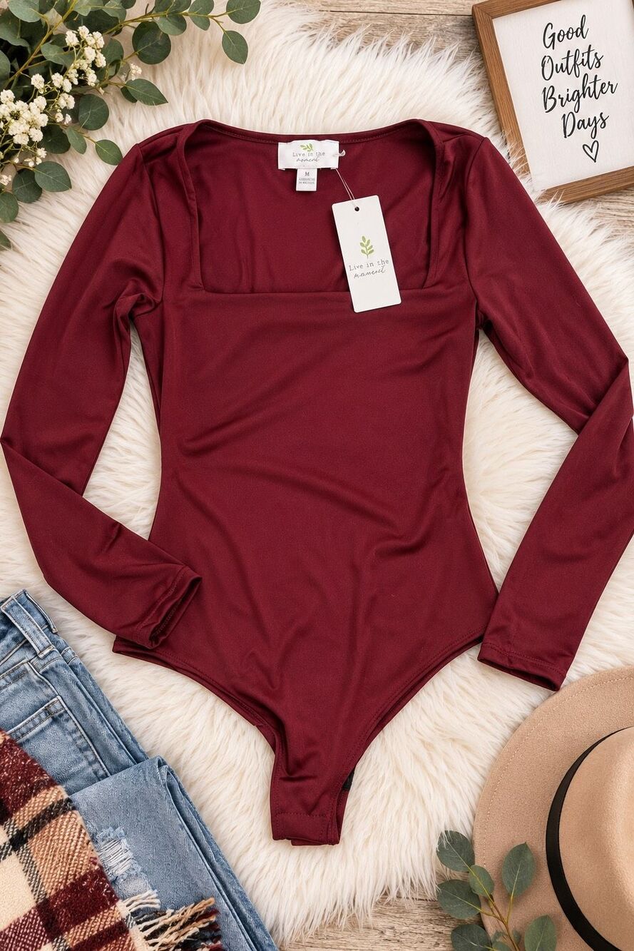 Live in the Moment Burgundy Long Sleeve Square Neck Bodysuit Medium NWT